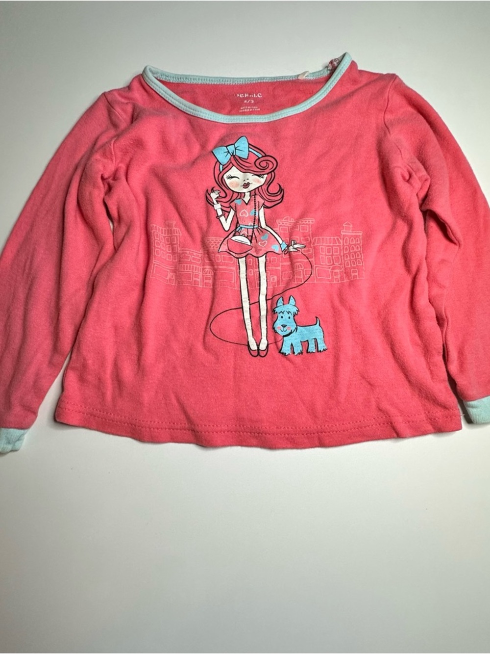 Pekkle Girls Pink Long-Sleeve Graphic Top with Blue Accents 3T